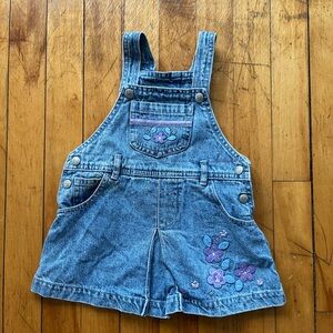 Vtg Little Legends Denim Embroidered Floral Overalls Dress Baby 18 Months